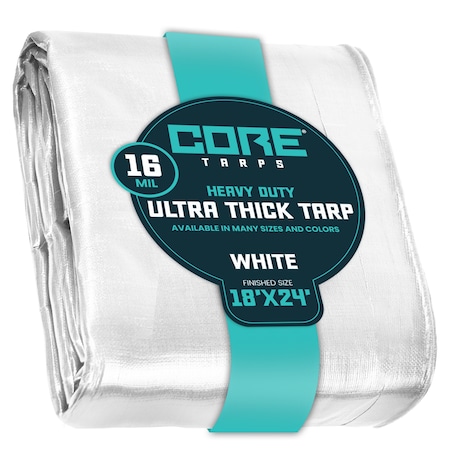 Heavy Duty Tarp, 24 ft L x 0.5 mm H x 18 ft W, 16 Mil, White, Polyethylene